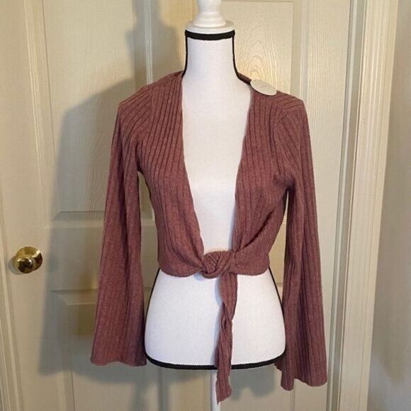 NWT En Creme women''s maroon ribbed v-neck tied front long sleeve sweater size L - Picture 2 of 11